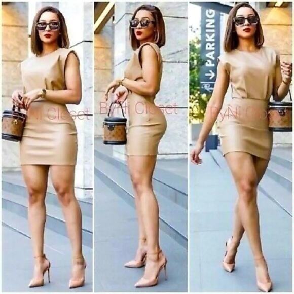 ZARA Faux Leather Shoulder Pads Sleeveles Tan Mini Dress Sz L Bloggers Favorite - Picture 5 of 16